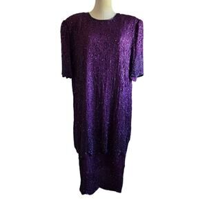 Vintage 90's Purple Beaded Short Sleeve Dress With Shoulder Pads Womens Size 2X
